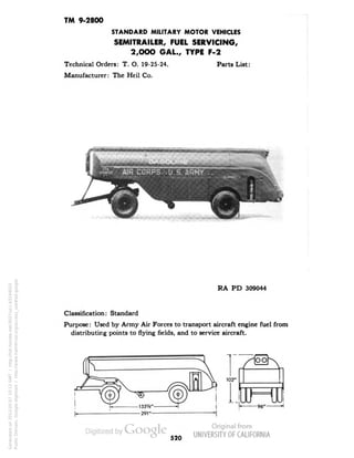 TM 9-2800 
STANDARD MILITARY MOTOR VEHICLES 
SEMITRAILER, FUEL SERVICING, 
2,000 GAL., TYPE F-2 
Technical Orders: T. O. 19-25-24. Parts List: 
Manufacturer: The Heil Co. 
RA PD 309044 
Classification: Standard 
Purpose: Used by Army Air Forces to transport aircraft engine fuel from 
distributing points to flying fields, and to service aircraft. 
520 
Generated on 2013-05-07 10:12 GMT / http://hdl.handle.net/2027/uc1.b3244022 
Public Domain, Google-digitized / http://www.hathitrust.org/access_use#pd-google 
 