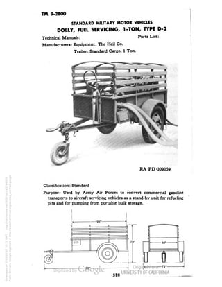 TM 9-2800 
STANDARD MILITARY MOTOR VEHICLES 
DOLLY, FUEL SERVICING, 1-TON, TYPE D-2 
Technical Manuals: Parts List: 
Manufacturers: Equipment: The Heil Co. 
Trailer: Standard Cargo, 1 Ton. 
RA PD-309059 
Classification: Standard 
Purpose: Used by Army Air Forces to convert commercial gasoline 
transports to aircraft servicing vehicles as a stand-by unit for refueling 
pits and for pumping from portable bulk storage. 
Generated on 2013-05-07 10:11 GMT / http://hdl.handle.net/2027/uc1.b3244022 
Public Domain, Google-digitized / http://www.hathitrust.org/access_use#pd-google 
 