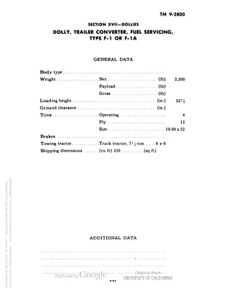 TM 9-2800 
SECTION XVII-DOLLIES 
DOLLY, TRAILER CONVERTER, FUEL SERVICING, 
TYPE F-l OR F-1A 
GENERAL DATA 
Body type 
Weight Net (Ib) 2,300 
Payload (Ib) 
Gross (Ib) 
Loading height (in.) 53J/-J 
Ground clearance (in.) 
Tires Operating 4 
Ply 12 
Size 10.00 x 22 
Brakes 
Towing tractor Truck tractor, 7%-ton 6x6 
Shipping dimensions (cu ft) 250 (sq ft) 
ADDITIONAL DATA 
Generated on 2013-05-07 10:10 GMT / http://hdl.handle.net/2027/uc1.b3244022 
Public Domain, Google-digitized / http://www.hathitrust.org/access_use#pd-google 
 