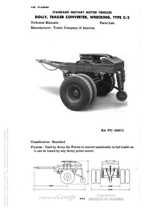 STANDARD MILITARY MOTOR VEHICLES 
i m 
DOLLY, TRAILER CONVERTER, WRECKING, TYPE C-2 
Technical Manuals: Parts List: 
Manufacturer: Trailer Company of America. 
RA PD 309073 
Classification: Standard 
Purpose: Used by Army Air Forces to convert semitrailer to full trailer so 
it can be towed by any Army prime mover. 
Generated on 2013-05-07 10:09 GMT / http://hdl.handle.net/2027/uc1.b3244022 
Public Domain, Google-digitized / http://www.hathitrust.org/access_use#pd-google 
 