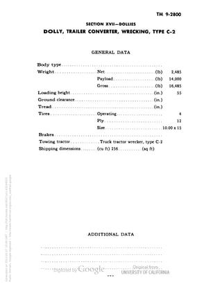 TM 9-2800 
SECTION XVII-DOLLIES 
DOLLY, TRAILER CONVERTER, WRECKING, TYPE C-2 
GENERAL DATA 
Body type 
Weight Net (Ib) 2,485 
Payload (Ib) 14,000 
Gross (Ib) 16,485 
Loading height (in.) 55 
Ground clearance (in.) 
Tread (in.) 
Tires Operating 4 
Ply 12 
Size 10.00x15 
Brakes 
Towing tractor Truck tractor wrecker, type C-2 
Shipping dimensions (cu ft) 256 (sq ft) 
ADDITIONAL DATA 
Generated on 2013-05-07 10:09 GMT / http://hdl.handle.net/2027/uc1.b3244022 
Public Domain, Google-digitized / http://www.hathitrust.org/access_use#pd-google 
 