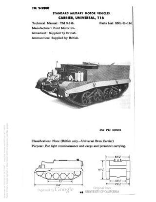 TM 9-2800 
STANDARD MILITARY MOTOR VEHICLES 
CARRIER, UNIVERSAL, T16 
Technical Manual: TM 9-746. Parts List: SNL G-166 
Manufacturer: Ford Motor Co. 
Armament: Supplied by British. 
Ammunition: Supplied by British. 
RA PD 308901 
Classification: None (British only—Universal Bren Carrier) 
Purpose: For light reconnaissance and cargo and personnel carrying. 
ill nllr 
Generated on 2013-05-07 18:37 GMT / http://hdl.handle.net/2027/uc1.b3244022 
Public Domain, Google-digitized / http://www.hathitrust.org/access_use#pd-google 
 