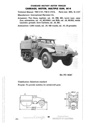 STANDARD MILITARY MOTOR VEHICLES 
CARRIAGE, MOTOR, MULTIPLE GUN, Ml4 
Technical Manual: TM 9-707, TM 9-1707A. Parts List: SNL G-147 
Manufacturer: International Harvester Co. 
Armament: Two Guns, machine, cal. .50, HB, M2, turret type; one 
Gun, submachine, cal. .45, M1928A1; one Rifle, cal. .30, M1903, with 
Launcher, grenade; three Carbines, cal. .30, M1. 
Ammunition: 5,000 rounds, cal. .50; 480 rounds, cal. .45; 36 grenades. 
RA PD 66387 
Classification: Substitute standard 
Purpose: To provide mobility for antiaircraft guns. 
, n 
48 
Generated on 2013-05-07 18:36 GMT / http://hdl.handle.net/2027/uc1.b3244022 
Public Domain, Google-digitized / http://www.hathitrust.org/access_use#pd-google 
 