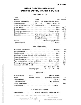 TM 9-2800 
SECTION V-SELF-PROPELLED ARTILLERY 
CARRIAGE, MOTOR, MULTIPLE GUN, Ml 5 
GENERAL DATA 
Crew 7 
Weight Gross (Ib) 20,000 
Shipping dimensions (cu ft) 1116, boxed 1338 (sq ft) 131 
Tires—Combat Ply ... 12 Size . . . 8.25 x 20 
Tread, center to center (in.) Front—64H Rear— 63% 
Track width (in.) 1214 
Ground clearance (in.) 175-g 
Ground pressure, tires (Ibs per sq in.) 33.5 
Electrical system (volts) 12 
Capacities Fuel, 80 octane gasoline (gal) 60 
Cooling system (qt) 26 
Crankcase (refill) (qt) 12 
Brakes Hydraulic (Hydrovac) 
Communication Radio 
PERFORMANCE 
Maximum gradability (percent) 60 
Turning radius (ft) 30 
Fording depth (in.) 32 
Maximum vertical obstacle vehicle will climb (in.) 12 
Angle of approach (deg) 37 
Angle of departure (deg) 45 
Fuel consumption, average conditions (miles per gal) 3.3 
Cruising range, average conditions (miles) 200 
Maximum allowable speed (mph) 45 
1st 2nd 3rd 4th 
Cruising speed 9 17 26 45 
ENGINE 
Manufacturer White Model 160AX 
Type In-line, 4 cycle Number of cylinders 6 
Displacement (cu in.) 386 
Governed speed Not governed 
Brake horsepower 148 
Ignition type Battery 
ADDITIONAL DATA 
Basic chassis Carrier, personnel, half-track, M3 
51 
Generated on 2013-05-07 18:35 GMT / http://hdl.handle.net/2027/uc1.b3244022 
Public Domain, Google-digitized / http://www.hathitrust.org/access_use#pd-google 
 