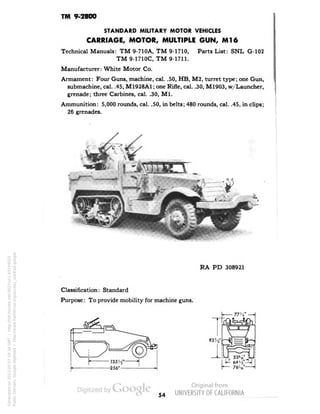 TM 9-2800 
STANDARD MILITARY MOTOR VEHICLES 
CARRIAGE, MOTOR, MULTIPLE GUN, Ml6 
Technical Manuals: TM 9-710A, TM 9-1710, Parts List: SNL G-102 
TM9-1710C, TM 9-1711. 
Manufacturer: White Motor Co. 
Armament: Four Guns, machine, cal. .50, HB, M2, turret type; one Gun, 
submachine, cal. .45, M1928A1; one Rifle, cal. .30, M1903, w/Launcher, 
grenade; three Carbines, cal. .30, M1. 
Ammunition: 5,000 rounds, cal. .50, in belts; 480 rounds, cal. .45, in clips; 
26 grenades. 
RA PD 308921 
Classification: Standard 
Purpose: To provide mobility for machine guns. 
92 Ji' 
77'i' -H 
•5=5 
r— 76' ,5' 
54 
Generated on 2013-05-07 18:34 GMT / http://hdl.handle.net/2027/uc1.b3244022 
Public Domain, Google-digitized / http://www.hathitrust.org/access_use#pd-google 
 