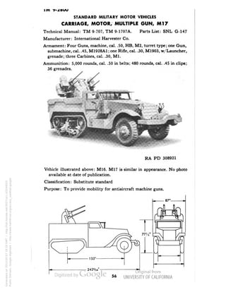 STANDARD MILITARY MOTOR VEHICLES 
CARRIAGE, MOTOR, MULTIPLE GUN, Ml 7 
Technical Manual: TM 9-707, TM 9-1707A. Parts List: SNL G-147 
Manufacturer: International Harvester Co. 
Armament: Four Guns, machine, cal. .50, HB, M2, turret type; one Gun, 
submachine, cal. .45, M1928A1 ; one Rifle, cal. .30, M1903, w/Launcher, 
grenade; three Carbines, cal. .30, M1. 
Ammunition: 5,000 rounds, cal. .50 in belts; 480 rounds, cal. .45 in clips; 
36 grenades. 
RA PD 308921 
Vehicle illustrated above: M16. M17 is similar in appearance. No photo 
available at date of publication. 
Classification: Substitute standard 
Purpose: To provide mobility for antiaircraft machine guns. 
Generated on 2013-05-07 18:33 GMT / http://hdl.handle.net/2027/uc1.b3244022 
Public Domain, Google-digitized / http://www.hathitrust.org/access_use#pd-google 
 