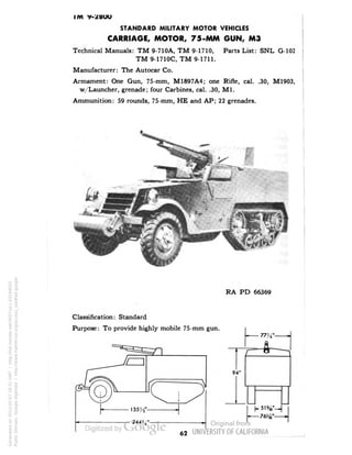 STANDARD MILITARY MOTOR VEHICLES 
CARRIAGE, MOTOR, 75-MM GUN, M3 
Technical Manuals: TM 9-710A, TM 9-1710, Parts List: SNL G-102 
TM 9-1710C, TM 9-1711. 
Manufacturer: The Autocar Co. 
Armament: One Gun, 75-mm, M1897A4; one Rifle, cal. .30, M1903, 
w/Launcher, grenade; four Carbines, cal. .30, Ml. 
Ammunition: 59 rounds, 75-mm, HE and AP; 22 grenades. 
RA PD 66369 
Classification: Standard 
Purpose: To provide highly mobile 75-mm gun. 
94* 
Generated on 2013-05-07 18:31 GMT / http://hdl.handle.net/2027/uc1.b3244022 
Public Domain, Google-digitized / http://www.hathitrust.org/access_use#pd-google 
 