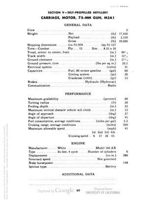 SECTION V-SELF-PROPELLED ARTILLERY 
CARRIAGE, MOTOR, 75-MM GUN, M3A1 
GENERAL DATA 
Crew 5 
Weight Net (Ib) 17,450 
Payload (Ib) 2,550 
Gross (Ib) 20,000 
Shipping dimensions (cu ft) 959 (sq ft) 127 
Tires—Combat Ply ... 12 Size . . . 8.25 x 20 
Tread, center to center, front (in.) 64l/i 
Track width (in.) 12J4 
Ground clearance (in.) 17' s 
Ground pressure, tires (Ibs per sq in.) 33.5 
Electrical system (volts) 21 
Capacities Fuel, 80 octane gasoline (gal) 60 
Cooling system (qt) 26 
Crankcase (refill) (qt) 12 
Brakes Hydraulic (Hydrovac) 
Communication Radio 
PERFORMANCE 
Maximum gradability (percent) 60 
Turning radius (ft) 30 
Fording depth (in.) 32 
Maximum vertical obstacle vehicle will climb (in.) 12 
Angle of approach (deg) 37 
Angle of departure (deg) 45 
Fuel consumption, average conditions (miles per gal) 3.3 
Cruising range, average conditions (miles) 200 
Maximum allowable speed (mph) 45 
1st 2nd 3rd 4th 
Cruising speed.. 9 17 26 45 
ENGINE 
Manufacturer White Model 160 AX 
Type In-line, 4 cycle Number of cylinders 6 
Displacement (cu in.) 386 
Governed speed Not governed 
Brake horsepower 148 
Ignition type Battery 
ADDITIONAL DATA 
Generated on 2013-05-07 18:30 GMT / http://hdl.handle.net/2027/uc1.b3244022 
Public Domain, Google-digitized / http://www.hathitrust.org/access_use#pd-google 
 