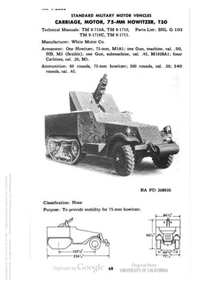 STANDARD MILITARY MOTOR VEHICLES 
CARRIAGE, MOTOR, 75-MM HOWITZER, T3O 
Technical Manuals: TM 9-710A, TM 9-1710, Parts List: SNL G-102 
TM9-1710C, TM 9-1711. 
Manufacturer: White Motor Co. 
Armament: One Howitzer, 75-mm, M1A1; one Gun, machine, cal. .50, 
HB, M2 (flexible); one Gun, submachine, cal. .45, M1928A1; four 
Carbines, cal. .30, M1. 
Ammunition: 60 rounds, 75-mm howitzer; 300 rounds, cal. .50; 540 
rounds, cal. .45. 
RA PD 308920 
Classification: None 
Purpose: To provide mobility for 75-mm howitzer. 
96%* j«r= 
68 
Generated on 2013-05-07 18:22 GMT / http://hdl.handle.net/2027/uc1.b3244022 
Public Domain, Google-digitized / http://www.hathitrust.org/access_use#pd-google 
 
