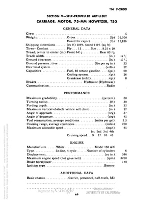 TM 9-2800 
SECTION V-SELF-PROPELLED ARTILLERY 
CARRIAGE, MOTOR, 75-MM HOWITZER, T3O 
GENERAL DATA 
Crew 5 
Weight Gross (Ib) 19,500 
Boxed for export (Ib) 21,836 
Shipping dimensions (cu ft) 1049, boxed 1197.(sq ft) 
Tires—Combat Ply ... 12 Size . . . 8.25 x 20 
Tread, center to center (in.).Front 64>£ Rear 63% 
Track width (in.) 12J< 
Ground clearance (in.) 1ll/% 
Ground pressure, tires (Ibs per sq in.) 33 
Klectrical system (volts) 12 
Capacities : Fuel, 80 octane gasoline (gal) 60 
Cooling system (qt) 26 
Crankcase (refill) (qt) 8 
Brakes Hydraulic (Hydrovac) 
Communication Radio 
/ 
PERFORMANCE 
Maximum gradability (percent) 60 
Turning radius (ft) 30 
Fording depth (in.) 32 
Maximum vertical obstacle vehicle will climb (in.) 12 
Angle of approach (deg) 37 
Angle of departure (deg) 45 
Fuel consumption, average conditions (miles per gal) 3.3 
Cruising range, average conditions (miles) 200 
Maximum allowable speed (niph) 45 
1st 2nd 3rd 4th 
Cruising speed.. 9 17 26 45 
ENGINE 
Manufacturer White Model 160 AX 
Type In-line, 4 cycle Number of cylinders 6 
Displacement (cu in.) 386 
Maximum engine speed (not governed) (rpm) 3200 
Brake horsepower 148 
Ignition type Battery 
Generated on 2013-05-07 18:22 GMT / http://hdl.handle.net/2027/uc1.b3244022 
Public Domain, Google-digitized / http://www.hathitrust.org/access_use#pd-google 
ADDITIONAL DATA 
Basic chassis Carrier, personnel, half-track, M3 
 