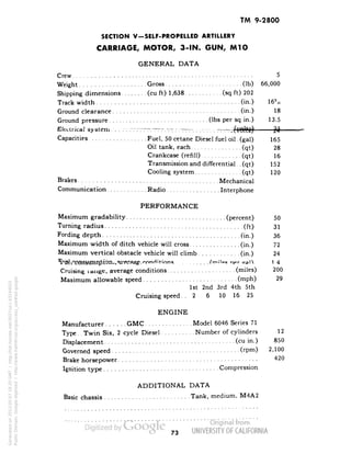TM 9-2800 
SECTION V- SELF-PROPELLED ARTILLERY 
CARRIAGE, MOTOR, 3-IN. GUN, M1O 
GENERAL DATA 
Crew ................................ 5 
Weight ................... Gross ...................... (Ib) 66,000 
Shipping dimensions ........ (cu ft) 1,638 ........... (sq ft) 202 
Track width ......................................... (in.) 169i'6 
Ground clearance ..................................... (in.) 18 
Ground pressure ............................. (Ibs per sq in.) 13.5 
Efcctrical system -: ................................ (lrO)t9) flj 
Capacities ................. Fuel, 50 cetane Diesel fuel oil . (gal) 165 
Oil tank, each ............... (qt) 28 
Crankcase (refill) ............ (qt) 16 
Transmission and differential . . (qt) 152 
Cooling system .............. (qt) 120 
Brakes ........................................ Mechanical 
Communication ............ Radio ................ Interphone 
PERFORMANCE 
Maximum gradability ............................. (percent) 50 
Turning radius ........................... ............. (ft) 31 
Fording depth ........................................ (in.) 36 
Maximum width of ditch vehicle will cross ............... (in.) 72 
Maximum vertical obstacle vehicle will climb ............ (in.) 24 
.^. ........ (rrM'oc ryr crplY -_-J-4- 
Cruising range, average conditions .................... (miles) 200 
Maximum allowable speed ........................... (mph) 29 
1st 2nd 3rd 4th 5th 
Cruising speed . . 2 6 10 16 25 
ENGINE 
Manufacturer ...... GMC .............. Model 6046 Series 71 
Type . Twin Six, 2 cycle Diesel .......... Number of cylinders 12 
Displacement ........... ........................... (cu in.) 850 
Governed speed ..................................... (rpm) 2,100 
Brake horsepower ........................................ 
Ignition type ................................. Compression 
ADDITIONAL DATA 
Basic chassis ........................ Tank, medium, M4A2 
73 
Generated on 2013-05-07 18:20 GMT / http://hdl.handle.net/2027/uc1.b3244022 
Public Domain, Google-digitized / http://www.hathitrust.org/access_use#pd-google 
 
