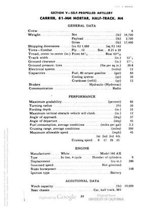 SECTION V-SELF-PROPELLED ARTILLERY 
CARRIER, 81-MM MORTAR, HALF-TRACK, M4 
GENERAL DATA 
Crew 6 
Weight Net .(Ib) 14,700 
Payload (Ib) 2,700 
Gross (Ib) 17,400 
Shipping dimensions (cu ft) 1,060 (sq ft) 143 
Tires—Combat Ply. . .12 Size. . .8.25 x 20 
Tread, center to center (in.).Front 64H Rear 63% 
Track width (in.) 12 '^ 
Ground clearance (in.) 17 Vs 
Ground pressure, tires (Ibs per sq in.) 29.8 
Electrical system (volts) 12 
Capacities Fuel, 80 octane gasoline (gal) 60 
Cooling system (qt) 26 
Crankcase (refill) (qt) 12 
Brakes Hydraulic (Hydrovac) 
Communication Radio 
PERFORMANCE 
Maximum gradability (percent) 60 
Turning radius (ft) 30 
Fording depth (in.) 32 
Maximum vertical obstacle vehicle will climb (in.) 12 
Angle of approach (deg) 37 
Angle of departure (deg) 45 
Fuel consumption, average conditions (miles per gal) 3.3 
Cruising range, average conditions (miles) 200 
Maximum allowable speed (mph) 45 
1st 2nd 3rd 4th 
Cruising speed.. 9 17 26 45 
ENGINE 
Manufacturer White Model 160 AX 
Type In-line, 4 cycle Number of cylinders 6 
Displacement (cu in.) 386 
Governed speed Not governed 
Brake horsepower 148 
Ignition type Battery 
ADDITIONAL DATA 
Winch capacity (Ib) 10,000 
Basic chassis Car, half-track, M2 
77 
Generated on 2013-05-07 18:18 GMT / http://hdl.handle.net/2027/uc1.b3244022 
Public Domain, Google-digitized / http://www.hathitrust.org/access_use#pd-google 
 