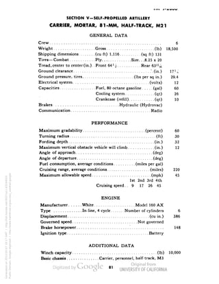 SECTION V-SELF-PROPELLED ARTILLERY 
CARRIER, MORTAR, 81-MM, HALF-TRACK, M21 
GENERAL DATA 
Crew 6 
Weight Gross (Ib) 18,500 
Shipping dimensions (cu ft) 1,116 (sq ft) 131 
Tires— Combat Ply Size. . .8.25 x 20 
Tread, center to center (in.). .Front 64 H Rear 63% 
Ground clearance ". (in.) 17l-g 
Ground pressure, tires (Ibs per sq in.) 29.4 
Electrical system (volts) 12 
Capacities Fuel, 80 octane gasoline (gal) 60 
Cooling system (qt) 26 
Crankcase (refill) (qt) 10 
Brakes Hydraulic (Hydrovac) 
Communication Radio 
PERFORMANCE 
Maximum gradability (percent) 60 
Turning radius (ft) 30 
Fording depth (in.) 32 
Maximum vertical obstacle vehicle will climb (in.) 12 
Angle of approach (deg) 
Angle of departure (deg). 
Fuel consumption, average conditions (miles per gal) 
Cruising range, average conditions (miles) 220 
Maximum allowable speed (mph) 45 
1st 2nd 3rd 4th 
Cruising speed.. 9 17 26 45 
ENGINE 
Manufacturer White Model 160 AX 
Type In-line, 4 cycle Number of cylinders 6 
Displacement (cu in.) 386 
Governed speed Not governed 
Brake horsepower 148 
Ignition type Battery 
ADDITIONAL DATA 
Winch capacity (Ib) 10,000 
Basic chassis Carrier, personnel, half-track, M3 
81 
Generated on 2013-05-07 18:17 GMT / http://hdl.handle.net/2027/uc1.b3244022 
Public Domain, Google-digitized / http://www.hathitrust.org/access_use#pd-google 
 