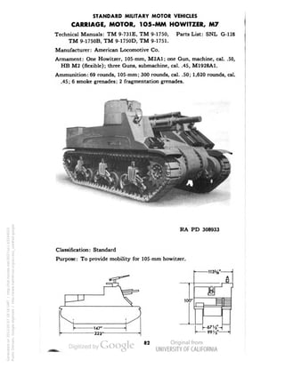 STANDARD MILITARY MOTOR VEHICLES 
CARRIAGE, MOTOR, 1O5-MM HOWITZER, M7 
Technical Manuals: TM 9-731E, TM 9-1750, Parts List: SNL G-128 
TM 9-1750B, TM 9-1750D, TM 9-1751. 
Manufacturer: American Locomotive Co. 
Armament: One Howitzer, 105-mm, M2A1; one Gun, machine, cal. .50, 
HB M2 (flexible); three Guns, submachine, cal. .45, M1928A1. 
Ammunition: 69 rounds, 105-mm; 300 rounds, cal. .50; 1,620 rounds, cal. 
.45; 6 smoke grenades; 2 fragmentation grenades. 
RA PD 308933 
Classification: Standard 
Purpose: To provide mobility for 105-mm howitzer. 
-113%"- 
100* 
99^"- 
82 
Generated on 2013-05-07 18:16 GMT / http://hdl.handle.net/2027/uc1.b3244022 
Public Domain, Google-digitized / http://www.hathitrust.org/access_use#pd-google 
 