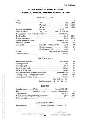 TM 9-2800 
SECTION V-SELF-PROPELLED ARTILLERY 
CARRIAGE, MOTOR, 1O5-MM HOWITZER, T19 
GENERAL DATA 
f 
Crew 6 
Weight Net (Ib) 17,400 
Payload (Ib) 2,600 
Gross (Ib) 20,000 
Shipping dimensions (cu ft) (sq ft) 
Tires—Combat Ply. . .12 Size. . .8.25 x 20 
Tread, center to center (in.). .Front 64H Rear 63% 
Track width (in.) 12 J^ 
Ground clearance (in.) 17 % 
Ground pressure, tires (Ibs per sq in.) 33.5 
Electrical system (volts) 12 
Capacities Fuel, 80 octane gasoline (gal) 60 
Cooling system (qt) 26 
Crankcase (refill) (qt) 8 
Brakes Hydraulic (Hydrovac) 
Communication Radio 
PERFORMANCE 
Maximum gradability (percent) 60 
Turning radius (ft) 30 
Fording depth (in.) 32 
Angle of approach (deg) 37 
Angle of departure (deg) 45 
Fuel consumption, average conditions (miles per gal) 3.3 
Cruising range, average conditions (miles) 200 
Maximum allowable speed (mph) 45 
1st 2nd 3rd 4th 
Cruising speed.. 9 17 26 45 
ENGINE 
Manufacturer White Model 160-AX 
Type In-line, 4 cycle Number of cylinders 6 
Displacement (cu in.) 386 
Maximum engine speed (not governed) (rpm) 3,200 
Brake horsepower 148 
ADDITIONAL DATA 
Basic chassis Carrier, personnel, half-track, M3 
85 
Generated on 2013-05-07 17:44 GMT / http://hdl.handle.net/2027/uc1.b3244022 
Public Domain, Google-digitized / http://www.hathitrust.org/access_use#pd-google 
 