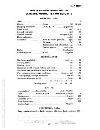 TM 9-2800 
SECTION V-SELF-PROPELLED ARTILLERY 
CARRIAGE, MOTOR, 155-MM GUN, Ml2 
GENERAL DATA 
Crew 6 
Weight Gross (Ib) 58,000 
Shipping dimensions (cu ft) 1,550 (sq ft) 193 
Track width (in.) 16% 
Ground clearance (in.) 20 
Ground pressure (Ibs per sq in.) 12 
Electrical system (volts) 24 
Capacities Fuel, 80 octane gasoline..... (gal) 200 
Oil tank (qt) 40 
Transmission and differential.. (qt) 152 
Cooling system Air-cooled 
Brakes Mechanical 
Communication Radio Interphone 
PERFORMANCE 
Maximum gradability (percent) 60 
Turning radius (ft) 31 
Fording depth (in.) 36 
Maximum width of ditch vehicle will cross (in.) 72 
Maximum vertical obstacle vehicle will climb (in.) 24 
Fuel consumption, average conditions (miles per gal) .75 
Cruising range, average conditions (miles) 140 
Maximum allowable speed (niph) 24 
1st 2nd 3rd 4th 5th 
Cruising speed.. 2 5 9 14 21 
ENGINE 
Manufacturer Continental Model R975C-1 
Type Radial, 4 cycle Number of cylinders 9 
Displacement (cu in.) 973 
Governed speed (rpm) 2,400 
Brake horsepower 400 
Ignition type Magneto 
ADDITIONAL DATA 
Basic chassis originally—Tank, medium, M3; later Tank, medium, M4. 
87 
Generated on 2013-05-07 17:44 GMT / http://hdl.handle.net/2027/uc1.b3244022 
Public Domain, Google-digitized / http://www.hathitrust.org/access_use#pd-google 
 