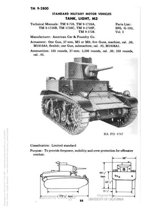 TM 9-2800 
STANDARD MILITARY MOTOR VEHICLES 
TANK, LIGHT, M3 
Technical Manuals: TM 9-726, TM 9-1726A, Parts List: 
TM 9-1726B, TM 1726C, TM 9-1726F, SNL G-103, 
TM 9-1728. Vol. I 
Manufacturer: American Car & Foundry Co. 
Armament: One Gun, 37-mm, M5 or M6; five Guns, machine, cal. .30, 
M1919A4, flexible; one Gun, submachine, cal. .45, M1928A1. 
Ammunition: 103 rounds, 37-mm; 5,500 rounds, cal. .30; 350 rounds, 
cal. .45. 
RA PD 4747 
Classification: Limited standard 
Purpose: To provide firepower, mobility and crew protection for offensive 
combat. 
88' 
-n- 
99-s 
App 
«' 
PP- 
63 J8' 
11 ?6'-» 
1 
Q 
Generated on 2013-05-07 17:43 GMT / http://hdl.handle.net/2027/uc1.b3244022 
Public Domain, Google-digitized / http://www.hathitrust.org/access_use#pd-google 
 
