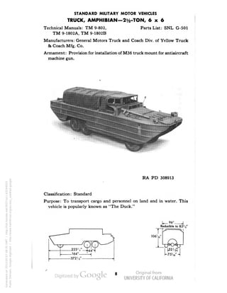 STANDARD MILITARY MOTOR VEHICLES 
TRUCK, AMPHIBIAN-2y2-TON, 6x6 
Technical Manuals: TM 9-802, Parts List: SNL G-501 
TM 9-1802A, TM 9-1802B 
Manufacturers: General Motors Truck and Coach Div. of Yellow Truck 
& Coach Mfg. Co. 
Armament: Provision for installation of M36 truck mount for antiaircraft 
machine gun. 
RA PD 308913 
Classification: Standard 
Purpose: To transport cargo and personnel on land and in water. This 
vehicle is popularly known as "The Duck." 
Reducible to 853 s" 
Generated on 2013-05-07 08:35 GMT / http://hdl.handle.net/2027/uc1.b3244022 
Public Domain, Google-digitized / http://www.hathitrust.org/access_use#pd-google 
 