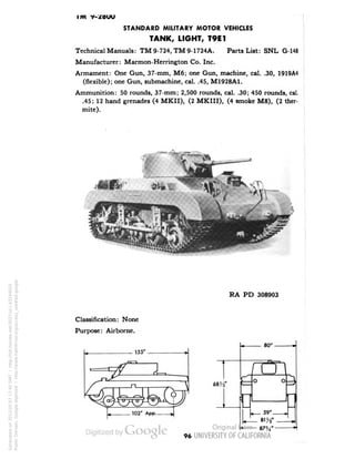 im V-/BUU 
STANDARD MILITARY MOTOR VEHICLES 
TANK, LIGHT, T9E1 
Technical Manuals: TM 9-724, TM9-1724A. Parts List: SNL G-148 
Manufacturer: Marmon-Herrington Co. Inc. 
Armament: One Gun, 37-mm, M6; one Gun, machine, cal. .30, 1919A4 
(flexible); one Gun, submachine, cal. .45, M1928A1. 
Ammunition: 50 rounds, 37-mm; 2,500 rounds, cal. .30; 450 rounds, cal. 
.45; 12 hand grenades (4 MKII), (2 MKIII), (4 smoke M8), (2 ther-mite). 
RA PD 308903 
Classification: None 
Purpose: Airborne. 
80' 
LJ 
o o 
L— 59* 
96 
Generated on 2013-05-07 17:40 GMT / http://hdl.handle.net/2027/uc1.b3244022 
Public Domain, Google-digitized / http://www.hathitrust.org/access_use#pd-google 
 