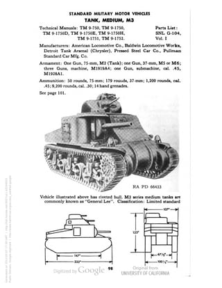 STANDARD MILITARY MOTOR VEHICLES 
TANK, MEDIUM, M3 
Technical Manuals: TM 9-750, TM 9-1750, Parts List: 
TM 9-1750D, TM 9-1750E, TM 9-1750H, SNL G-104, 
TM 9-1751, TM 9-1752. Vol. I 
Manufacturers: American Locomotive Co., Baldwin Locomotive Works, 
Detroit Tank Arsenal (Chrysler), Pressed Steel Car Co., Pullman 
Standard Car Mfg. Co. 
Armament: One Gun, 75-mm, M2 (Tank); one Gun, 37-mm, M5 or M6; 
three Guns, machine, M1919A4; one Gun, submachine, cal. .45, 
M1928A1. 
Ammunition: 50 rounds, 75-mm; 179 rounds, 37-mm; 1,200 rounds, cal. 
.45; 9,200 rounds, cal. .30; 14 hand grenades. 
See page 101. 
RA PD 66433 
Vehicle illustrated above has riveted hull. M3 series medium tanks are 
commonly known as "General Lee". Classification: Limited standard 
123' 
10014* 
Generated on 2013-05-07 17:39 GMT / http://hdl.handle.net/2027/uc1.b3244022 
Public Domain, Google-digitized / http://www.hathitrust.org/access_use#pd-google 
 