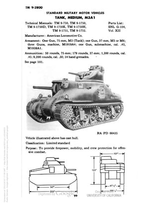 TM 9-2800 
STANDARD MILITARY MOTOR VEHICLES 
TANK, MEDIUM, M3A1 
Technical Manuals: TM 9-750, TM 9-1750, 
TM 9-1750D, TM 9-1750E, TM 9-1750H, 
TM 9-1751, TM 9-1752. 
Manufacturer: American Locomotive Co. 
Parts List: 
SNL G-104, 
Vol. XII 
Armament: One Gun, 75-mm, M2 (Tank); one Gun, 37-mm, MS or M6; 
three Guns, machine, M1919A4; one Gun, submachine, cal. .45, 
M1928A1. 
Ammunition: 50 rounds, 75-mm; 179 rounds, 37-mm; 1,200 rounds, cal. 
.45; 9,200 rounds, cal. .30; 14 hand grenades. 
See page 101. 
RA PD 66435 
Vehicle illustrated above has cast hull. 
Classification: Limited standard 
Purpose: To provide firepower, mobility, and crew protection for offen 
sive combat. 
123* 
-107* 
100 J 
Generated on 2013-05-07 17:39 GMT / http://hdl.handle.net/2027/uc1.b3244022 
Public Domain, Google-digitized / http://www.hathitrust.org/access_use#pd-google 
 