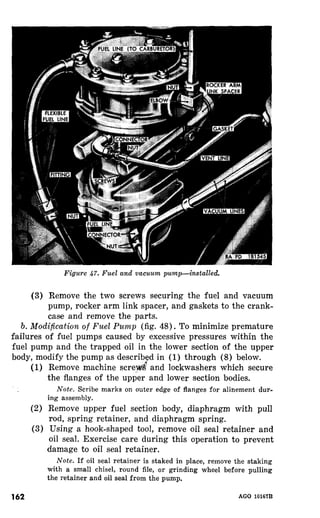 Figure 47. Fuel and vacuum ~mp-installed. 
(3) Remove the two screws securing the fuel and vacuum 
pump, rocker arm link spacer, and gaskets to the crank-case 
and remove the parts. 
b. Modification of Fuel Pump (fig. 48). To minimize premature 
failures of fuel pumps caused by excessive pressures within the 
fuel pump and the trapped oil in the lower section of the upper 
body, modify the pump as described in (1) through (8) below. 
(1) 
(2) 
(3) 
162 
Remove machine scre& and lockwashers which secure 
the flanges of the upper and lower section bodies. 
Note. Scribe marks on outer edge of flanges for alinement dur-ing 
assembly. 
Remove upper fuel section body, diaphragm with pull 
rod, spring retainer, and diaphragm spring. 
Using a hook-shaped tool, remove oil seal retainer and 
oil seal. Exercise care during this operation to prevent 
damage to oil seal retainer. 
Note. If oil seal retainer is staked in place, remove the staking 
with a small chisel, round file, or grinding wheel before pulling 
the retainer and oil seal from the pump. 
AGO 10167B 
 