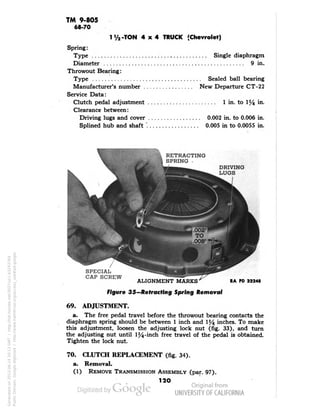 TM 9-805 
68-70 
1'/2-TON 4x4 TRUCK (Chevrolet) 
Spring: 
Type Single diaphragm 
Diameter 9 in. 
Throwout Bearing: 
Type Sealed ball bearing 
Manufacturer's number New Departure CT-22 
Service Data: 
Clutch pedal adjustment 1 in. to 1% in. 
Clearance between: 
Driving lugs and cover 0.002 in. to 0.006 in. 
Splined hub and shaft '. 0.005 in to 0.0055 in. 
RETRACTING 
SPRING 
DRIVING 
LUGS 
SPECIAL 
CAP SCREW 
ALIGNMENT MARKS ^ RA PO 32248 
Figure 35—Retracting Spring Removal 
69. ADJUSTMENT. 
a. The free pedal travel before the throwout bearing contacts the 
diaphragm spring should be between 1 inch and 1% inches. To make 
this adjustment, loosen the adjusting lock nut (fig. 33), and turn 
the adjusting nut until 1%-inch free travel of the pedal is obtained. 
Tighten the lock nut. 
70. CLUTCH REPLACEMENT (fig. 34). 
a. Removal. 
(1) REMOVE TRANSMISSION ASSEMBLY (par. 97). 
12O 
Generated on 2013-06-14 20:13 GMT / http://hdl.handle.net/2027/uc1.b3243764 
Public Domain, Google-digitized / http://www.hathitrust.org/access_use#pd-google 
 