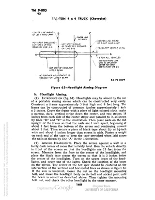 TM 9-805 
93 
11/2-TON 4x4 TRUCK (Chevrolet) 
CENTER LINE AHEAD-Lr 
I nftlNU t«Mr v 
~ 
^CENTER LINE 
]/ OF TRUCK 
SPOT SHOULD BE^ 
rEREDUPAND 
N ON LINE A-A 
r 
^-CENTER LIN 
/ OF RIGHT HX 
^-HOT SPOT SHOULD 
/ BE CENTERED SIDEWAYS 
ON LINE B-B 
I/ 
,^-HEADLAMP 
/I 
f////////,/fr, 
- ^,"//i 
> 
~ • 
S//////////< 
s//, /'/'///,// 
V 
V| , 
3 FOR ALL 
AIM RIGHT Ht 
SAME AS LEF 
CENTER HOT 
LHOTSPO' 
- OF HEADLAMP 
SIDEWAYS O 
UPPER E 
EAM 
NO FURTHER ADJU 
STMENT IS 
Generated on 2013-06-14 19:42 GMT / http://hdl.handle.net/2027/uc1.b3243764 
Public Domain, Google-digitized / http://www.hathitrust.org/access_use#pd-google 
NEEDED FOR LOW,ER BEAM 
B 
c 
RA PD 32279 
Figure 63—Headlight Aiming Diagram 
b. Headlight Aiming. 
(1) INTRODUCTION (fig. 63). Headlights may be aimed by the use 
of a portable aiming screen which can be constructed very easily. 
Construct a frame approximately 5 feet high and 8 feet long. The 
frame can be constructed of common lumber approximately 1 inch 
x 3 inches. Cover the frame with a piece of light-colored cloth; make 
a narrow, dark, vertical stripe down the center, and two stripes, 18 
inches from each side of the center stripe and parallel to it, as shown 
by lines "B" and "C" in the illustration. Then place nails on the end 
upright of the frame so that the nails are 1 inch apart, beginning at 
about 2 feet from the bottom of the screen and continuing upward 
about 2 feet. Then secure a piece of black tape about yz- or 3^-inch 
wide and about 6 inches longer than screen is wide. Fasten a weight 
on each end of the tape to keep the tape stretched when laid across 
the nails as shown by line "A" in the illustration. 
(2) AIMING HEADLIGHTS. Place the screen against a wall in a 
fairly dark corner of room that is fairly level. Run the vehicle directly 
in front of the screen so that the headlights are 25 feet from the 
screen. Measure from the floor to the center of the headlights, and 
place the black tape across the screen so that it is 3 inches below 
the center of the headlights. Turn on the upper beam of the head-lights, 
and cover one of the lights. Check the location of the beam 
on the screen. The center of the hot spot should be centered on the 
intersection of the vertical and horizontal lines as shown in figure 63. 
If the aim is incorrect, loosen the nut on the headlight mounting 
bolt, and move the headlight body on its ball and socket joint until 
 