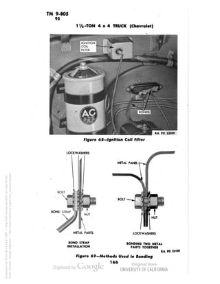 TM 9-805 
95 
-TON 4x4 TRUCK (Chevrolet) 
"A PD 33099 
Figure 68-fgnif/on Coil Filter 
LOCKWASHERS 
BOND STRAP 
METAL PANEL 
BOLT 
METAL PARTS 
LOCKWASHERS 
BOND STRAP 
INSTALLATION 
BONDING TWO METAL 
PARTS TOGETHER 
RA PO 33100 
Figure 69—Methods Used in Bonding 
166 
Generated on 2013-06-14 19:27 GMT / http://hdl.handle.net/2027/uc1.b3243764 
Public Domain, Google-digitized / http://www.hathitrust.org/access_use#pd-google 
 