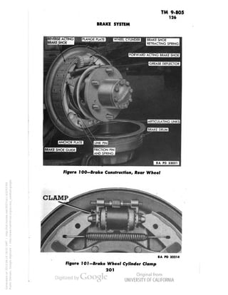 TM 9-805 
126 
BRAKE SYSTEM 
WHEEL CYLINDER™ BRAKE SHOE 
RETRACTING SPRING 
FORWARD ACTINGBRAKESHOE 
GREASE DEFLECTOR 
UUTING LINKS 
BRAKE DRUM 
BRAKE SHOE GUIDE 
FRICTION PIN 
AND SPRING 
RA PD 33051 
••• 
Figure I00—Brake Construction, Rear Wheel 
CLAMP 
RA PD 32214 
Figure 1OI-Brake Wheel Cylinder Clamp 
2O1 
Generated on 2013-06-14 18:01 GMT / http://hdl.handle.net/2027/uc1.b3243764 
Public Domain, Google-digitized / http://www.hathitrust.org/access_use#pd-google 
 