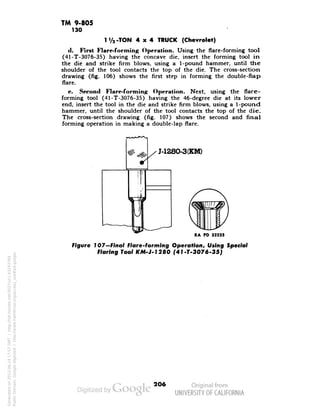 TM 9-805 
130 
11/2-TON 4x4 TRUCK (Chevrolet) 
d. First Flare-forming Operation. Using the flare-forming tool 
(41-T-3076-35) having the concave die, insert the forming tool in 
the die and strike firm blows, using a 1-pound hammer, until the 
shoulder of the tool contacts the top of the die. The cross-section 
drawing (fig. 106) shows the first step in forming the double-flap 
flare. 
e. Second Flare-forming Operation. Next, using the flare-forming 
tool (41-T-3076-35) having the 46-degree die at its lower 
end, insert the tool in the die and strike firm blows, using a 1-pound 
hammer, until the shoulder of the tool contacts the top of the die. 
The cross-section drawing (fig. 107) shows the second and final 
forming operation in making a double-lap flare. 
;, 
M280-3(KM) 
RA PD 32235 
Figure 107—Final Flare-forming Operation, Using Special 
Flaring Tool KM-J-1280 (41-T-3076-35) 
2O6 
Generated on 2013-06-14 17:57 GMT / http://hdl.handle.net/2027/uc1.b3243764 
Public Domain, Google-digitized / http://www.hathitrust.org/access_use#pd-google 
 