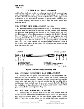 TM 9-805 
139-142 
m 
11/,-TON 4x4 TRUCK (Chevrolet) 
rod is of the ball-and-socket type, having identical ball seats, springs, 
and adjusting plugs on the ends; but the safety plugs are of different 
lengths. The 20-inch steering wheel is of the three-spoke type which 
is serrated to the main shaft, and held in place with a retaining nut. 
The horn blowing mechanism is built into the mast jacket and 
steering wheel. 
140. PITMAN ARM REPLACEMENT (fig. 114). 
a. Remove the end plug from the rear end of the steering connect-ing 
rod, and pull the rod off the ball on the Pitman arm. Remove 
the nut and lock washer from the end of the Pitman shaft, and pull 
the Pitman arm off the Pitman shaft with puller (41-P-2952). Install 
the new Pitman arm, lock washer, and nut; and tighten the nut 
securely. Install the steering connecting rod on the Pitman arm ball, 
making sure that the ball seats are in the proper position around the 
ball (fig. 115). Then tighten the end plug until it bottoms, back it 
off y2 turn, and install a new cotter pin. Lubricate the fitting on the 
steering connecting rod. 
AXLE END 
PITMAN ARM END 
A B 
A—ADJUSTING PLUG 
B—TENSION SPRING 
C—SAFETY PLUG (SHORT) 
0—BALL SEAT 
E—STEERING CONNECTING ROD 
F—SAFETY PLUG (LONG) 
RA PD 33111 
Figure 115-Steering Connecting Rod 
141. 
STEERING CONNECTING ROD REPLACEMENT. 
a. Remove the end plugs from each end of the connecting rod, 
and pull the rod off the two ball ends. Install the steering connecting 
rod on the steering arm and Pitman arm ball with the springs, safety 
plugs, and ball seats in the correct position in the rod (fig. 115), 
making sure that the ball seats fit properly around the balls. Tighten 
Generated on 2013-06-14 17:52 GMT / http://hdl.handle.net/2027/uc1.b3243764 
Public Domain, Google-digitized / http://www.hathitrust.org/access_use#pd-google 
the end plugs in tight, back them off */2 turn, and install a new cotter 
pin. Lubricate the steering connecting rod. 
142. STEERING WHEEL REPLACEMENT. 
a. Remove the two screws that retain the horn button, and lift 
out the button. Remove the nut from the upper end of the main shaft 
and pull the steering wheel off the main shaft, using puller (41-P- 
2954). Place the steering wheel on the main shaft, and install the 
218 
 