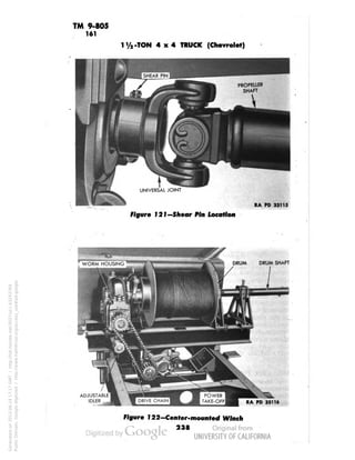 TM 9-805 
161 
-TON 4x4 TRUCK (Chevrolet) 
RA PD 33115 
Figure 121—Shear Pin Location 
WORM HOUSING 
1 
DRUM DRUM SHAFT 
TAKE-OFF RA PD 33116 
ADJUSTABLE 
IDLER 
Figure 122-Center-ntounted Winch 
238 
Generated on 2013-06-14 17:17 GMT / http://hdl.handle.net/2027/uc1.b3243764 
Public Domain, Google-digitized / http://www.hathitrust.org/access_use#pd-google 
 