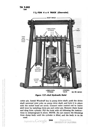 TM 9-805 
164 
-TON 4x4 TRUCK (Chevrolet) 
BODY HINGE 
"U" 
BOLT 
VENT 
AND 
FILLER 
PLUG 
HOIST 
LEVER 
LUBRICATION 
FITTINGS 
CONTROL 
VALVE 
RA PD 33121 
Figure 127-Hell Hydraulic Hoist 
cotter pin. Install Woodruff key in pump drive shaft; push the drive 
shaft universal joint yoke on pump drive shaft, and lock it in place 
with the socket head set screw. Connect valve control rod to valve 
shift lever by installing clevis pin and cotter pin. Remove chain hoist 
and sling from cylinder. F;ll the hoist with oil following the instruc-tions 
in subparagraph b above. NOTE: Do not remove the blocking 
from dump body until the cylinder is filled, and the body is to be 
'ered. 
244 
Generated on 2013-06-14 17:14 GMT / http://hdl.handle.net/2027/uc1.b3243764 
Public Domain, Google-digitized / http://www.hathitrust.org/access_use#pd-google 
 