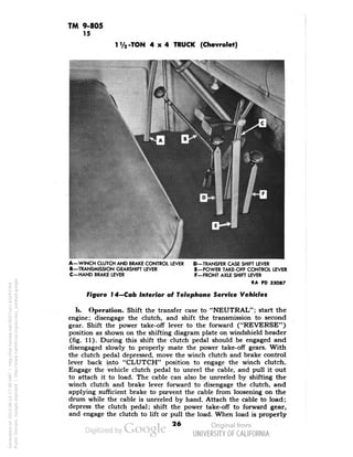 TM 9-805 
15 
-TON 4x4 TRUCK (Chevrolet) 
A—WINCH CLUTCH AND BRAKE CONTROL LEVER 
B—TRANSMISSION GEARSHIFT LEVER 
C—HAND BRAKE LEVER 
D—TRANSFER CASE SHIR LEVER 
E—POWER TAKE-OFF CONTROL LEVER 
F—FRONT AXLE SHIFT LEVER 
RA PD 33087 
Figure 14—Cab Interior of Telephone Service Vehicles 
b. Operation. Shift the transfer case to "NEUTRAL"; start the 
engine; disengage the clutch, and shift the transmission to second 
gear. Shift the power take-off lever to the forward ("REVERSE") 
position as shown on the shifting diagram plate on windshield header 
(fig. 11). During this shift the clutch pedal should be engaged and 
disengaged slowly to properly mate the power take-off gears. With 
the clutch pedal depressed, move the winch clutch and brake control 
lever back into "CLUTCH" position to engage the winch clutch. 
Engage the vehicle clutch pedal to unreel the cable, and pull it out 
to attach it to load. The cable can also be unreeled by shifting the 
winch clutch and brake lever forward to disengage the clutch, and 
applying sufficient brake to prevent the cable from loosening on the 
drum while the cable is unreeled by hand. Attach the cable to load; 
depress the clutch pedal; shift the power take-off to forward gear, 
and engage the clutch to lift or pull the load. When load is properly 
26 
Generated on 2013-06-13 17:39 GMT / http://hdl.handle.net/2027/uc1.b3243764 
Public Domain, Google-digitized / http://www.hathitrust.org/access_use#pd-google 
 