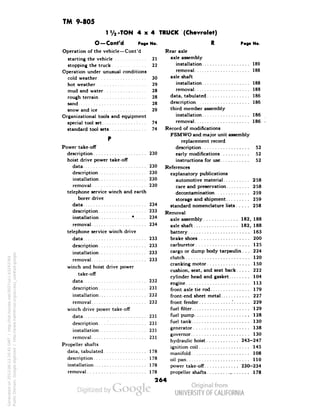 TM 9-805 
No. R Page No. 
Rear axle 
21 axle assembly 
22 installation 189 
removal 188 
30 axle shaft 
29 installation 188 
28 removal 188 
28 data, tabulated 186 
28 description 186 
29 third member assembly 
installation 186 
74 removal 186 
74 Record of modifications 
FSMWO and major unit assembly 
replacement record 
description 52 
230 early modifications 52 
instructions for use 52 
230 References 
230 explanatory publications 
230 automotive material 258 
230 care and preservation 258 
decontamination 259 
storage and shipment 259 
234 standard nomenclature lists 258 
233 Removal 
234 axle assembly 182, 188 
23« axle shaft 182, 188 
battery 163 
233 brake shoes 200 
233 carburetor 125 
233 cargo or dump body tarpaulin... 224 
233 
232 
231 
231 
178 
Generated on 2013-06-13 20:45 GMT / http://hdl.handle.net/2027/uc1.b3243764 
Public Domain, Google-digitized / http://www.hathitrust.org/access_use#pd-google 
clutch 120 
cranking motor 150 
cushion, seat, and seat back 222 
cylinder head and gasket 104 
engine 113 
231 front axle tie rod 179 
232 front-end sheet metal 227 
232 front fender :229 
fuel filter 129 
231 fuel pump 128 
fuel tank 130 
231 generator 138 
governor 130 
hydraulic hoist 243-247 
ignition coil 145 
1 '/2-TON 4x4 TRUCK (Chevrolet) 
O — Cont'd Pag. 
Operation of the vehicle—Cont'd 
starting the vehicle 
stopping the truck 
Operation under unusual conditions 
cold weather 
hot weather 
mud and water 
rough terrain 
sand 
snow and ice 
Organizational tools and equipment 
special tool set :. . . 
standard tool sets 
Power take-off 
 