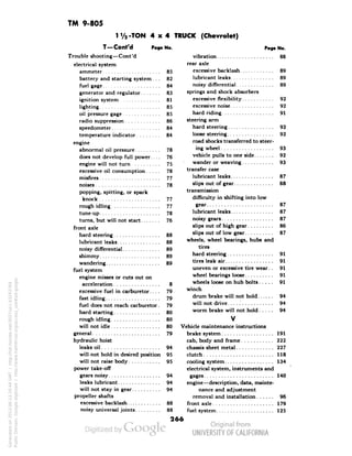 TM 9-805 
1 Va-TON 4x4 TRUCK (Chevrolet) 
T —Cont'd Fog* 
Trouble shooting—Cont'd 
electrical system 
ammeter 
battery and starting system. . . 
fuel gage 
generator and regulator 
ignition system 
lighting 
oil pressure gage 
radio suppression 
speedometer 
temperature indicator 
engine 
abnormal oil pressure 
does not develop full power.... 
engine will not turn 
excessive oil consumption 
misfires: 
noises 
popping, spitting, or spark 
knock 
rough idling 
tune-up 
turns, but will not start 
front axle 
hard steering 
lubricant leaks 
noisy differential 
shimmy 
wandering 
fuel system 
engine misses or cuts out on 
acceleration 
excessive fuel in carburetor.... 
fast idling 
fuel does not reach carburetor. 
Generated on 2013-06-13 20:44 GMT / http://hdl.handle.net/2027/uc1.b3243764 
Public Domain, Google-digitized / http://www.hathitrust.org/access_use#pd-google 
hard starting 
rough idling 
will not idle 
general 
hydraulic hoist 
leaks oil 
will-not hold in desired position 
will not raise body 
power take-off 
gears noisy 
leaks lubricant 
will not stay in gear 
propeller shafts 
excessive backlash 
noisy universal joints 
No. Page No. 
vibration 88 
rear axle 
85 excessive backlash 89 
82 lubricant leaks 89 
g4 noisy differential 89 
83 springs and shock absorbers 
81 excessive flexibility 92 
85 excessive noise 92 
85 hard riding 91 
86 steering arm 
84 hard steering 92 
84 loose steering 92 
road shocks transferred to steer- 
7g ing wheel 93 
73 vehicle pulls to one side 92 
 
