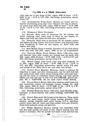 TM 9-805 
28 
-TON 4x4 TRUCK (Chevrolet) 
rotor with one to two drops of OIL, engine, SAE 30 above +32°F; 
SAE 10 for +32°F to 0°F; OIL, lubricating, preservative, special, 
below 0°F. 
(13) ACCELERATING PUMP SHAFT. Remove air cleaner and car-buretor 
accelerating pump dust cover. Saturate felt ring on carbure-tor 
pump lever shaft with OIL, engine, SAE 30 above +32°F; SAE 
10 for +32°F to 0°F; OIL, lubricating preservative, special, below 
0°F. 
(14) HYDRAULIC HOIST CYLINDERS. 
(a) Hercules. Raise body to maximum lift, fill cylinder and 
before replacing cover, lower body to bleed air and surplus oil. 
Again raise body and replace fill hole cover and gasket. 
(b) Perfection. Raise body to maximum lift, fill cylinder, replace 
and tighten fill plug. Loosen, but do not remove, vent plug and lower 
body completely to bleed air and surplus oil. Raise body and 
tighten vent plug. 
(c) Both Models. Every 6 months, disconnect oil line from pump, 
drain and refill. Use OIL, engine, SAE 10, for all temperatures. 
(15) TRACTOR MODEL FIFTH WHEELS. Every 1,000 miles, clean 
and lubricate lower plate coupler pin, locking jaws and guide with 
OIL, engine, SAE 30 above +32°F; SAE 10 for +32°F to 0°F; and 
OIL, lubricating, preservative, special, below 0°F. 
(16) WINCH CABLE. Coat winch cable with used crankcase oil 
or OIL, engine, SAE 30 above + 32°F; SAE 10 for +32°F to 
0°F; and OIL, lubricating, preservative, special, below 0°F after 
each period of use. When not in use, coat outer coils weekly. 
(17) CLUTCH PILOT BEARING. Whenever clutch is removed for 
inspection or repair, and after cleaning parts, coat the shift fork ball 
seat, pack recess inside clutch release bearing collar, pack pilot bear-ing 
and fill cavity in crankshaft behind bearing, coat shaft splines 
lightly and coat ball seat in shift fork with GREASE, general pur-pose, 
No. 2. CAUTION: Do not wash clutch release bearing. 
(18) OILCAN POINTS. Every 1,000 miles, lubricate pintle hook pins 
and connections, control rod bushings, clevises, linkage, etc., with 
OIL, engine, SAE 30 above +32°F; SAE 10 for +32°F to 0°F; 
OIL, lubricating, preservative, special, below 0°F. 
(19) RUBBER BUSHINGS. Every 1,000 miles, apply FLUID, brake, 
hydraulic, to shock-absorber link rubber bushings. CAUTION: Do 
not oil. 
(20) POINTS REQUIRING No LUBRICATION SERVICE. These points 
are the fan, water pump, clutch release bearing, generator (late 
models), springs, propeller shaft center bearing (175-in. wheelbase 
model), power take-off, clutch and brake pedals, front axle declutch, 
dump hoist hydraulic pump, and governor. 
(21) WHEEL BEARINGS. Remove bearing cone assemblies from 
hub and wash spindle and inside of hub. Inspect bearing races and 
replace if necessary. Wet the spindle and inside of hub and hub cap 
48 
Generated on 2013-06-13 17:47 GMT / http://hdl.handle.net/2027/uc1.b3243764 
Public Domain, Google-digitized / http://www.hathitrust.org/access_use#pd-google 
 