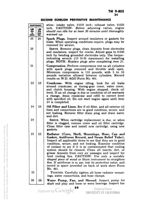 TM 9-805 
MAINTENANCE 
MM 
1.0M 
Mill 
Mik 
(sl« 
•Htk) 
(me»- 
»l») 
20 
20 
20 
21 
23 
23 
24 
24 
24 
25 
25 
25 
26 
26 
34 
SECOND ECHELON PREVENTIVE MAINTENANCE 
ation: intake valve, 0.010 inch; exhaust valve, 0.020 
inch. CAUTION: Before adjusting valves, engine 
should run idle for at least 30 minutes until thoroughly 
warmed up. 
Spark Plugs. Inspect around insulators or gaskets for 
leaks. When operating conditions require, plugs may be 
removed for service. 
SERVE. Remove plugs, clean deposits from electrodes 
and insulators; inspect for cracks. Adjust gaps to 0.040 
inch by bending grounded electrodes only. Use torque-indicating 
wrench (15 ft-lb maximum) for installing 
plugs. NOTE: Replace plugs after completing item 21. 
Compression. Perform compression test on all cylinders 
Generated on 2013-06-13 18:53 GMT / http://hdl.handle.net/2027/uc1.b3243764 
Public Domain, Google-digitized / http://www.hathitrust.org/access_use#pd-google 
with spark plugs removed and throttle wide open. 
Minimum compression is 110 pounds, with 5 to 10 
pounds variation allowed between cylinders. Record 
results on W.D. AGO Form No. 461. 
Crankcase. With engine idling, look for oil leaks 
around crankcase, at timing-gear cover, valve cover, 
and clutch housing. With engine stopped, check oil 
level. If an oil change is due or condition of oil warrants 
a change, drain crankcase and refill to correct level 
with specified oil. Do not start engine again until item 
24 is completed. 
Oil Filter and Lines. See if oil filter, and all exterior oil 
lines and connections are in good condition, secure, and 
not leaking. Remove filter drain plug and drain water 
and dirt. 
SERVE. When cartridge replacement is due, or when 
filter is clogged, remove cover and oil filter cartridge. 
Clean filter case and install new cartridge, using new 
gaskets. 
Radiator (Core, Shell, Mountings, Hose, Cap and 
Gasket, Antifreeze Record, and Steam Relief Tube). 
Inspect all applicable items to see that they are in good 
condition, secure, and not leaking. Examine condition 
of coolant to see if it is so contaminated that cooling 
system should be cleaned. Clean all insects, dirt, or 
grease deposits from core air passages and inspect for 
bent cooling fins. CAUTION: Use only a suitably 
shaped piece of wood or blunt instrument to straighten 
fins. If antifreeze is in use, test its protective value, and 
record in space provided on back of work sheet Form 
No. 461. 
 