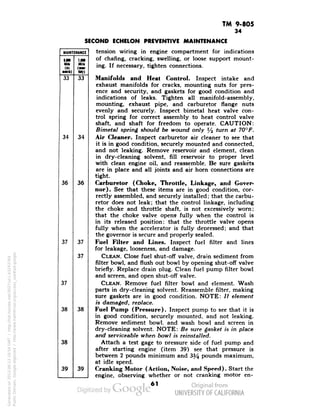 TM 9-805 
34 
SECOND ECHELON PREVENTIVE MAINTENANCE 
MAINTENANCE 
UN 
Mb 
(six 
Kith) 
MM 
Mill 
(UN-tun) 
33 
33 
34 
34 
36 
36 
37 
37 
37 
37 
38 
38 
39 
38 
39 
tension wiring in engine compartment for indications 
of chafing, cracking, swelling, or loose support mount-ing. 
If necessary, tighten connections. 
Manifolds and Heat Control. Inspect intake and 
exhaust manifolds for cracks, mounting nuts for pres-ence 
and security, and gaskets for good condition and 
indications of leaks. Tighten all manifold-assembly, 
mounting, exhaust pipe, and carburetor flange nuts 
evenly and securely. Inspect bimetal heat valve con-trol 
spring for correct assembly to heat control valve 
shaft, and shaft for freedom to operate. CAUTION: 
Bimetal spring should be wound only y2 turn at 70°F. 
Generated on 2013-06-13 18:54 GMT / http://hdl.handle.net/2027/uc1.b3243764 
Public Domain, Google-digitized / http://www.hathitrust.org/access_use#pd-google 
Air Cleaner. Inspect carburetor air cleaner to see that 
it is in good condition, securely mounted and connected, 
and not leaking. Remove reservoir and element, clean 
in dry-cleaning solvent, fill reservoir to proper level 
with clean engine oil, and reassemble. Be sure gaskets 
are in place and all joints and air horn connections are 
tight. 
Carburetor (Choke, Throttle, Linkage, and Gover-nor). 
See that these items are in good condition, cor-rectly 
assembled, and securely installed; that the carbu-retor 
does not leak; that the control linkage, including 
the choke and throttle shaft, is not excessively worn; 
that the choke valve opens- fully when the control is 
in its released position; that the throttle valve opens 
fully when the accelerator is fully depressed; and that 
the governor is secure and properly sealed. 
Fuel Filter and Lines. Inspect fuel filter and lines 
for leakage, looseness, and damage. 
CLEAN. Close fuel shut-off valve, drain sediment from 
filter bowl, and flush out bowl by opening shut-off valve 
briefly. Replace drain plug. Clean fuel pump filter bowl 
and screen, and open shut-off valve. 
CLEAN. Remove fuel filter bowl and element. Wash 
parts in dry-cleaning solvent. Reassemble filter, making 
sure gaskets are in good condition. NOTE: // element 
is damaged, replace. 
Fuel Pump (Pressure). Inspect pump to see that it is 
in good condition, securely mounted, and. not leaking. 
Remove sediment bowl, and wash bowl and screen in 
dry-cleaning solvent. NOTE: Be sure gasket is in place 
and serviceable when bowl is reinstalled. 
 