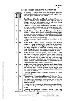 TM 9-805 
MAINTENANCE 
up 
1,000 
Mik 
Mill 
(M« 
(iflM-ninth) 
IN« 
64 
64 
64 
65 
65 
65 
66 
66 
67 
67 
68 
68 
68 
71 
71 
71 
72 
72 
34 
SECOND ECHELON PREVENTIVE MAINTENANCE 
or damage. Examine side pans and ground strap for 
good condition and secure mounting. See if engine brace 
rod is in good condition and secure. 
Hand Brake (Ratchet and Pawl, Linkage, Drum, and 
Lining). Inspect hand brake for worn ratchet, pawl, or 
linkage; scored or oily drum; thin or oily shoe lining. 
See that all parts are securely mounted. 
ADJUST. Adjust hand brake lining clearance to 0.010 
to 0.012 inch between lining and drum at anchor; 0.010 
Generated on 2013-06-13 19:00 GMT / http://hdl.handle.net/2027/uc1.b3243764 
Public Domain, Google-digitized / http://www.hathitrust.org/access_use#pd-google 
inch between upper and lower ends of lining and drum. 
Clutch Pedal (Free Travel, Linkage, and Return 
Spring). Inspect shaft mounting and operating linkage 
for wear and free operation; see that adjustment locking 
devices are secure. Make sure pedal return spring brings 
pedal to correct released position. 
ADJUST. Adjust clutch pedal free travel to 1 to 1% 
inches. 
Brake Pedal (Free Travel, Linkage, and Return 
Spring). Check toeboard and brake pedal arm clear-ance; 
normal clearance is % m°h between brake pedal 
arm and underside of toeboard. Examine pedal oper-ating 
linkage for wear and secure connections. See that 
pedal retracting spring returns pedal against its stop. 
Brake Master Cylinder (Vent, Fluid Level, Leaks, 
and Switch). See that filler plug vent is open, that boot 
is properly installed, and that unit is securely mounted. 
Look for indications of leaks, and see that stop light 
switch is securely installed and terminals secure. Fill 
master cylinder reservoir to within % mch °f top. Clean 
vent hole and replace gasket when needed. 
Brake, Hydrovac Unit (Air Cleaner and Hose, Cylin-der). 
Look for fluid leaks. Test unit for secure mount-ing, 
and see that cylinder clamps, plugs, vents, hose, 
and connections are secure. Remove, disassemble, clean, 
and reoil air cleaner. 
SPECIAL LUBRICATION. Lubricate according to Lubri-cation 
Guide. 
Transmission (Mountings, Linkage, Seals, and Power 
Take-off). Examine transmission and power take-off 
unit (when so equipped), its controls and drives, for 
 