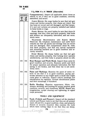 TM 9-805 
34 
MAINTENANCE 
1,000 
Mile 
(«i« 
mulk) 
1,000 
Mile 
(DIM-My) 
101 
101 
103 
103 
104 
104 
131 
131 
1 '/a-TON 4x4 TRUCK (Chevrolet) 
Compartments). Inspect all applicable above items on 
vehicle to see if they are in good condition, correctly 
assembled, and secure. 
CARGO BODIES. On cargo bodies be sure that tail gate 
closes and latches properly, that chains are intact, that 
top bows are secure and not damaged, and that tarpau-li- 
s and end curtains are properly installed and lashed 
to body hooks or rings. 
PANEL BODIES. On panel bodies be sure that doors fit 
openings, that they close and latch properly; that locks 
and strikers are adequately lubricated, and not exces-sively 
worn. 
TELEPHONE MAINTENANCE AND EARTH BORER 
VEHICLES. On telephone maintenance and earth borer 
vehicles see that all panels and stowage bins are secure 
and not damaged; that compartment doors fit, close, 
and latch properly; and that any special equipment 
and mounting brackets are in good condition and se-curely 
mounted. 
DUMP BODIES. On dump bodies see that tail gate 
closes and latches properly, that locking lever operates 
satisfactorily, and that body is properly alined on sills. 
Rear Bumper and Pintle Hook. Inspect these units for 
good condition and security. Examine pintle and latch 
for proper operation and adequate lubrication. See that 
spring is not broken, and that draw bar is not exces-sively 
worn. 
Paint and Markings. Examine the paint of entire ve-hicle 
to see that it is in good condition, paying par-ticular 
attention to any bright spots in finish that might 
cause glare or reflection. Inspect vehicle markings and 
identification for legibility. Include identification plates 
and their mountings, if furnished. 
Radio Bonding. Examine suppressors, filters, con-densers, 
shielding, and bonding for proper position, good 
condition, security, and cleanliness. NOTE: Report any 
irregularities, except cleaning and tightening, to signal 
corps personnel. 
TOOLS AND EQUIPMENT 
Tools (Vehicle and Pioneer). Inspect all the standard 
vehicle and Pioneer tools to see that they are all present 
(pars. 30 and 31), in good condition, clean, and properly 
stowed or securely mounted. Also examine the tools 
which have cutting edges to see that they are sharp. 
72 
Generated on 2013-06-13 20:05 GMT / http://hdl.handle.net/2027/uc1.b3243764 
Public Domain, Google-digitized / http://www.hathitrust.org/access_use#pd-google 
 