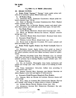 TM 9-805 
48 
1 V2-TON 4x4 TRUCK (Chevrolet) 
48. BRAKE SYSTEM. 
a. Brake Pedal "Spongy." "Spongy" brake pedal action indi-cates 
air in hydraulic system. Bleed brakes (par. 123). 
b. AH Brakes Drag. 
(1) IMPROPER PEDAL TOEBOARD CLEARANCE. Adjust pedal toe-board 
clearance (par. 122 b). 
(2) DIRT IN MASTER CYLINDER COMPENSATING PORT. Replace 
master cylinder (par. 124). 
(3) MINERAL OIL IN SYSTEM. Replace master and wheel cylin-ders, 
flush system, and refill with correct fluid (pars. 124 and 125). 
c. One Brake Drags. 
(1) LOOSE WHEEL BEARINGS. Adjust wheel bearings (par. 133). 
(2) WEAK OR BROKEN RETRACTOR SPRING. Replace retractor 
spring (par. 126). 
(3) IMPROPER BRAKE SHOE ADJUSTMENT. Readjust brake shoes. 
d. Excessive Pedal Travel. 
(1) NORMAL LINING WEAR. Adjust brake (par. 122). 
(2) FLUID Low IN MASTER CYLINDER. Fill master cylinder and 
bleed all brakes (par. 123). 
e. Brake Pedal Applies Brakes but Pedal Gradually Goes to 
Floor. 
(1) EXTERNAL LEAKS. Apply brakes, force pedal on down to 
floor two or three times, and check for external leaks at master cylin-der, 
wheel cylinders, and all lines. Make necessary repairs or replace-ments. 
(2) MASTER CYLINDER LEAK PAST PRIMARY CUP. If external 
leaks were not found in the above test, it is evident that the master 
cylinder primary cup is leaking. Replace master cylinder (par. 124). 
f. Brakes Uneven. 
(1) OIL ON LININGS. Thoroughly clean brake mechanism and 
install new linings (par. 126). Correct cause of oil leaking on brake 
lining. 
(2) TIRES IMPROPERLY INFLATED. Inflate tires according to 
specifications (par. 131). 
(3) SPRING CENTER BOLT SHEARED AND SPRING SHIFTED ON 
AXLE. Replace center bolt and tighten U-bolts securely. 
g. Excessive Pedal Pressure Required, Poor Brakes. 
(1) GREASE, MUD OR WATER ON LININGS. Remove drums and 
clean linings. 
(2) FULL AREA OF LININGS NOT CONTACTING DRUMS. Free-up 
shoe linkage, sand lining, or replace shoes or drums if damaged. 
(3) SCORED BRAKE DRUMS. Replace drums (par. 126). 
(4) HYDROVAC SYSTEM NOT OPERATING PROPERLY. See sub-paragraph 
h below. 
9O 
Generated on 2013-06-14 13:38 GMT / http://hdl.handle.net/2027/uc1.b3243764 
Public Domain, Google-digitized / http://www.hathitrust.org/access_use#pd-google 
 