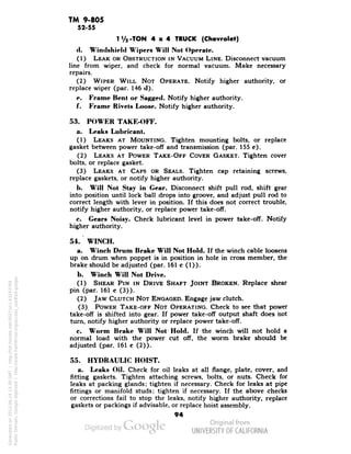 TM 9-805 
52-55 
1V7 -TON 4x4 TRUCK (Chevrolet) 
(1. Windshield Wipers Will Not Operate. 
(1) LEAK OR OBSTRUCTION IN VACUUM LINE. Disconnect vacuum 
line from wiper, and check for normal vacuum. Make necessary 
repairs. 
(2) WIPER WILL NOT OPERATE. Notify higher authority, or 
replace wiper (par. 146 d). 
e. Frame Bent or Sagged. Notify higher authority. 
f. Frame Rivets Loose. Notify higher authority. 
53. POWER TAKE-OFF. 
a. Leaks Lubricant. 
(1) LEAKS AT MOUNTING. Tighten mounting bolts, or replace 
gasket between power take-off and transmission (par. 155 c). 
(2) LEAKS AT POWER TAKE-OFF COVER GASKET. Tighten cover 
bolts, or replace gasket. 
(3) LEAKS AT CAPS OR SEALS. Tighten cap retaining screws, 
replace gaskets, or notify higher authority. 
b. Will Not Stay in Gear. Disconnect shift pull rod, shift gear 
into position until lock ball drops into groove, and adjust pull rod to 
correct length with lever in position. If this does not correct trouble, 
notify higher authority, or replace power take-off. 
c. Gears Noisy. Check lubricant level in power take-off. Notify 
higher authority. 
54. WINCH. 
a. Winch Drum Brake Will Not Hold. If the winch cable loosens 
up on drum when poppet is in position in hole in cross member, the 
brake should be adjusted (par. 161 c (1)). 
b. Winch Will Not Drive. 
(1) SHEAR PIN IN DRIVE SHAFT JOINT BROKEN. Replace shear 
pin (par. 161 c (3)). 
(2) JAW CLUTCH NOT ENGAGED. Engage jaw clutch. 
(3); POWER TAKE-OFF NOT OPERATING. Check to see that power 
take-off is shifted into gear. If power take-off output shaft does hot 
turn, notify higher authority or replace power take-off. 
c. Worm Brake Will Not Hold. If the winch will not hold a 
normal load with the power cut off, the worm brake should be 
adjusted (par. 161 c (2)). 
55. HYDRAULIC HOIST. 
a. Leaks Oil. Check for oil leaks at all flange, plate, cover, and 
fitting gaskets. Tighten attaching screws, bolts, or nuts. Check for 
leaks at packing glands; tighten if necessary. Check for leaks at pipe 
fittings or manifold studs; tighten if necessary. If the above checks 
or corrections fail to stop the leaks, notify higher authority, replace 
gaskets or packings if advisable, or replace hoist assembly. 
94 
Generated on 2013-06-14 13:39 GMT / http://hdl.handle.net/2027/uc1.b3243764 
Public Domain, Google-digitized / http://www.hathitrust.org/access_use#pd-google 
 