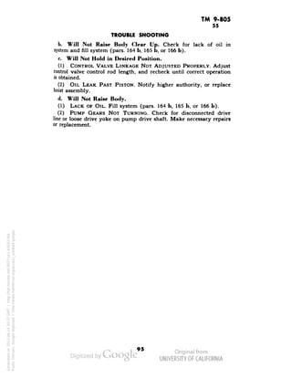 TM 9-805 
55 
TROUBLE SHOOTING 
b. Will Not Raise Body Clear Up. Check for lack of oil in 
system and fill system (pars. 164 b, 165 b, or 166 b). 
c. Will Not Hold in Desired Position. 
(1) CONTROL VALVE LINKAGE NOT ADJUSTED PROPERLY. Adjust 
control valve control rod length, and recheck until correct operation 
is obtained. 
(2) OIL LEAK PAST PISTON. Notify higher authority, or replace 
hoist assembly. , 
d. Will Not Raise Body. 
(1) LACK OF OIL. Fill system (pars. 164 b, 165 b, or 166 b). 
(2) PUMP GEARS NOT TURNING. Check for disconnected drive 
line or loose drive yoke on pump drive shaft. Make necessary repairs 
or replacement. 
95 
Generated on 2013-06-14 20:37 GMT / http://hdl.handle.net/2027/uc1.b3243764 
Public Domain, Google-digitized / http://www.hathitrust.org/access_use#pd-google 
 