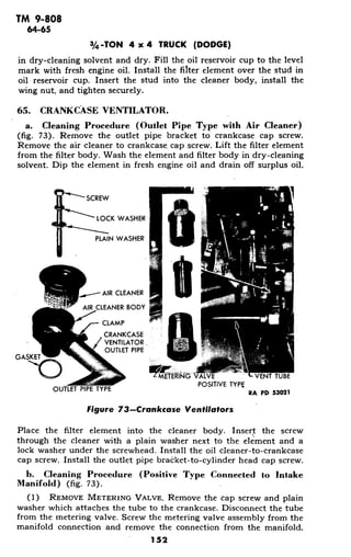 TM 9-808
64-65
3/4-TON 4 x 4 TRUCK (DODGE)
in dry-cleaning solvent and dry. Fill the oil reservoir cup to the level
mark with fresh engine oil. Install the filter element over the stud in
oil reservoir cup. Insert the stud into the cleaner body, install the
wing nut, and tighten securely.
65. CRANKCASE VENTILATOR.
a. Cleaning Procedure (Outlet Pipe Type with Air Cleaner)
(fig. 73). Remove the outlet pipe bracket to crankcase cap screw.
Remove the air cleaner to crankcase. cap screw. Lift the filter element
from the filter body. Wash the element and filter body in dry-cleaning
solvent. Dip the element in fresh engine oil and drain off surplus oil.
SCREW
LOCK WASHER
PLAIN WASHER
AIR CLEANER
AIRCLEANER BODY
CLAMP
CRANKCASE
VENTILATOR.
OUTLET PIPE
GASKET O
RING VALVENT TUBE
POSITIVE TYPE
OUTLET PIPE TYPE POSITIVE TYPE
Figure 73-Crankcase Ventilators
Place the filter element into the cleaner body. Insert the screw
through the cleaner with a plain washer next to the element and a
lock washer under the screwhead. Install the oil cleaner-to-crankcase
cap screw. Install the outlet pipe bracket-to-cylinder head cap screw.
b. Cleaning Procedure (Positive Type Connected to Intake
Manifold) (fig. 73).
(1) REMOVE METERING VALVE. Remove the cap screw and plain
washer which attaches the tube to the crankcase. Disconnect the tube
from the metering valve. Screw the metering valve assembly from the
manifold connection and remove the connection from the manifold.
152
 