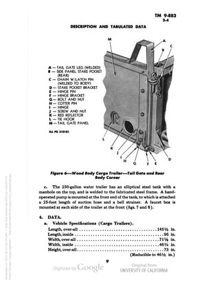 TM 9-883 
3-4 
DESCRIPTION AND TABULATED DATA 
A — TAIL GATE LEG (WELDED) 
B — SIDE PANEL STAKE POCKET 
(REAR) 
C — CHAIN W/LATCH PIN 
(WELDED TO BODY) 
D — STAKE POCKET BRACKET 
E — HINGE PIN 
F - HINGE BRACKET 
G — BOLT AND NUT 
H — COTTER PIN 
I — HINGE 
J — SCREW AND NUT 
K — RED REFLECTOR 
L - TIE HOOK 
M-TAIL GATE PANEL 
RA PD 310181 
F E 
Figure 6—Wood Body Cargo Trailer—Tail Gate and Rear 
Body Corner 
c. The 250-gallon water trailer has an elliptical steel tank with a 
manhole on the top, and is welded to the fabricated steel frame. A hand-operated 
pump is mounted at the front end of the tank, to which is attached 
a 25-foot length of suction hose and a bell strainer. A faucet box is 
mounted at each side of the trailer at the front (figs. 7 and 8). 
4. DATA. 
a. Vehicle Specifications (Cargo Trailers). 
Length, over-all 145% in. 
Length, inside 96 in. 
Width, over-all 71% in. 
Width, inside 46% in. 
Height, over-all 73 in. 
(Reducible to 46% in.) 
Generated on 2013-06-27 09:19 GMT / http://hdl.handle.net/2027/uc1.b3243775 
Public Domain, Google-digitized / http://www.hathitrust.org/access_use#pd-google 
 