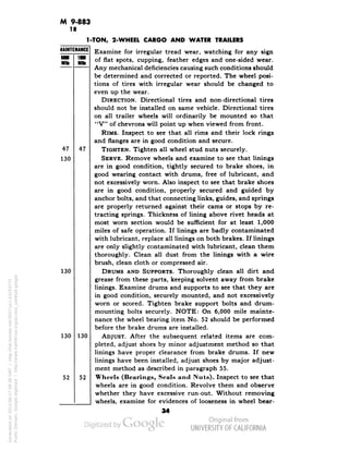 M 9-883 
18 
1-TON, 2-WHEEL CARGO AND WATER TRAILERS 
MAINTENANCE 
Mile 
47 
130 
47 
130 
130 
130 
52 
52 
Examine for irregular tread wear, watching for any sign 
of flat spots, cupping, feather edges and one-sided wear. 
Any mechanical deficiencies causing such conditions should 
be determined and corrected or reported. The wheel posi-tions 
of tires with irregular wear should be changed to 
even up the wear. 
DIRECTION. Directional tires and non-directional tires 
should not be installed on same vehicle. Directional tires 
on all trailer wheels will ordinarily be mounted so that 
"V" of chevrons will point up when viewed from front. 
RIMS. Inspect to see that all rims and their lock rings 
and flanges are in good condition and secure. 
TIGHTEN. Tighten all wheel stud nuts securely. 
SERVE. Remove wheels and examine to see that linings 
are in good condition, tightly secured to brake shoes, in 
good wearing contact with drums, free of lubricant, and 
not excessively worn. Also inspect to see that brake shoes 
are in good condition, properly secured and guided by 
anchor bolts, and that connecting links, guides, and springs 
are properly returned against their cams or stops by re-tracting 
springs. Thickness of lining above rivet heads at 
most worn section would be sufficient for at least 1,000 
miles of safe operation. If linings are badly contaminated 
with lubricant, replace all linings on both brakes. If linings 
are only slightly contaminated with lubricant, clean them 
thoroughly. Clean all dust from the linings with a wire 
brush, clean cloth or compressed air. 
DRUMS AND SUPPORTS. Thoroughly clean all dirt and 
grease from these parts, keeping solvent away from brake 
linings. Examine drums and supports to see that they are 
in good condition, securely mounted, and not excessively 
worn or scored. Tighten brake support bolts and drum-mounting 
bolts securely. NOTE: On 6,000 mile mainte-nance 
the wheel bearing item No. 52 should be performed 
before the brake drums are installed. 
ADJUST. After the subsequent related items are com-pleted, 
adjust shoes by minor adjustment method so that 
linings have proper clearance from brake drums. If new 
linings have been installed, adjust shoes by major adjust-ment 
method as described in paragraph 55. 
Wheels (Bearings, Seals and Nuts). Inspect to see that 
wheels are in good condition. Revolve them and observe 
whether they have excessive run-out. Without removing 
wheels, examine for evidences of looseness in wheel bear- 
34 
Generated on 2013-06-27 09:38 GMT / http://hdl.handle.net/2027/uc1.b3243775 
Public Domain, Google-digitized / http://www.hathitrust.org/access_use#pd-google 
 