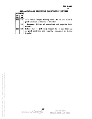 TM 9-883 
18 
ORGANIZATIONAL PREVENTIVE MAINTENANCE SERVICES 
MAINTENANCE 
6000 
IBM 
Mb 
Mite 
124 
124 
124 
126 
126 
Tow Hitch. Inspect towing lunette to see that it is in 
good condition and secure to drawbar. 
TIGHTEN. Tighten all mountings and assembly bolts 
securely. 
Safety Devices (Chains). Inspect to see that they are 
in good condition and securely connected to trailer 
drawbar. 
Generated on 2013-06-27 09:51 GMT / http://hdl.handle.net/2027/uc1.b3243775 
Public Domain, Google-digitized / http://www.hathitrust.org/access_use#pd-google 
 