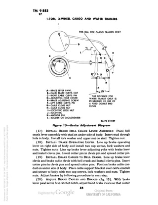 TM 9-883 
27 
1-TON, 2-WHEEL CARGO AND WATER TRAILERS 
THIS DIM. FOR CARGO TRAILERS ONLY 
A—BRAKE LEVER PAWL 
B—HAND BRAKE CLEVIS NUT 
C—RIGHT CABLE CLEVIS PIN 
D—ADJUSTING HOLE COVER 
E—BRAKE ADJUSTING SCREW 
F—LEFT CABLE CLEVIS PIN 
G—CABLE CLEVIS NUT 
H—CABLE CLEVIS NUT 
I—ECCENTRIC LOCK NUT 
J—ECCENTRIC 
K—ANCHOR PIN 
L—BOLSTER OR CROSSMEMBER 
THIS DISTANCE FOR 
WATER TRAILER ONLY IS 
ESTABLISHED BY USE OF 
A FIXED DOUBLE END 
CLEVIS 
RA PD 310189 
Figure 15—Brake Adjustment Diagram 
(17) INSTALL BRAKE BELL CRANK LEVER ASSEMBLY. Place bell 
crank lever assembly with stud on under side of body. Insert stud through 
hole in body. Install lock washer and upper nut on stud. Tighten nut. 
(18) INSTALL BRAKE OPERATING LEVER. Line up brake operating 
lever on right side of body and install two cap screws, lock washers and 
nuts. Tighten nuts. Line up brake lever adjusting yoke with brake lever 
and install clevis pin. Insert cotter pin in clevis pin and spread cotter pin. 
(19) INSTALL BRAKE CABLES TO BELL CRANK. Line up brake lever 
clevis and brake cable clevis with bell crank and install clevis pins. Insert 
cotter pins in clevis pins and spread cotter pins. Position brake cable con-duit 
on under side of body. Place cable support bracket over cab'e conduit 
and secure to body with two cap screws, lock washers and nuts. Tighten 
nuts. Adjust brakes by following procedure in next step. 
(20) ADJUST BRAKE CABLES AND BRAKES (fig. 15). With brake 
lever pawl set in first ratchet notch, adjust hand brake clevis so that center 
54 
Generated on 2013-06-27 10:04 GMT / http://hdl.handle.net/2027/uc1.b3243775 
Public Domain, Google-digitized / http://www.hathitrust.org/access_use#pd-google 
 
